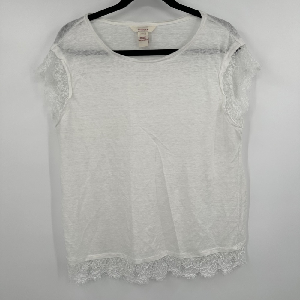 Sundance Shirt Womens Large White 100% Linen Lace Trim Short Sleeve Portugal